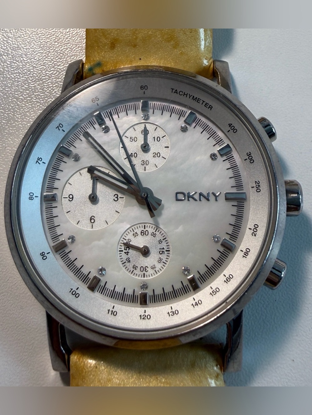 Vintage Y2K DKNY Mother of Pearl Chronograph Watch with Leather Strap